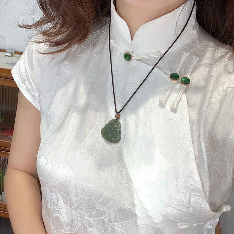 Buddha Stones Laughing Buddha Hetian Jade Healing Calm Necklace String Pendant - image 3
