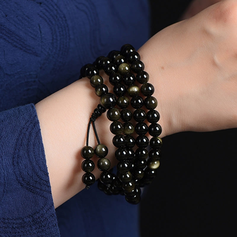 Buddha Stones 108 Mala Beads Natural Gold Sheen Obsidian Wealth Bracelet - image 10