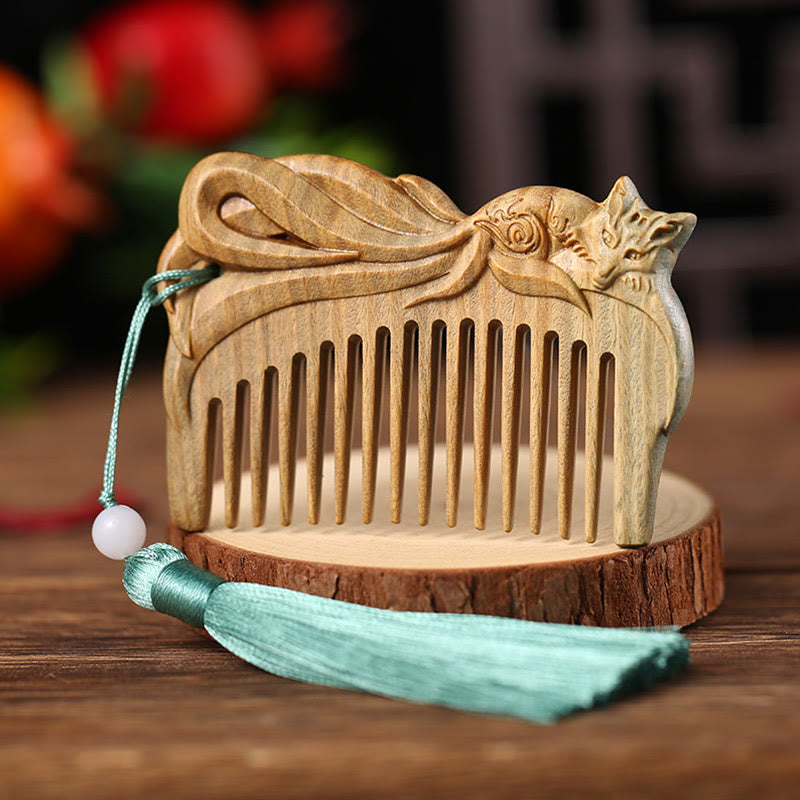 Green Sandalwood Fox Peony Flower Lotus Engraved Cure Tassel Comb - Fox Green Sandalwood - image 0