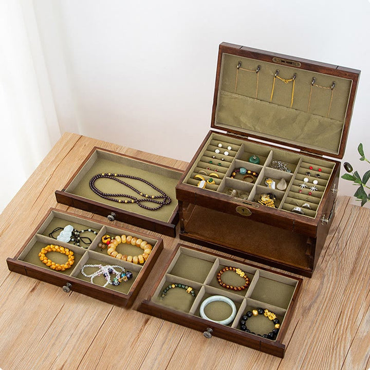 Buddha Stones Retro Solid Wood Jewelry Box Four-Layer Wooden Jewelry Storage Box - image 3