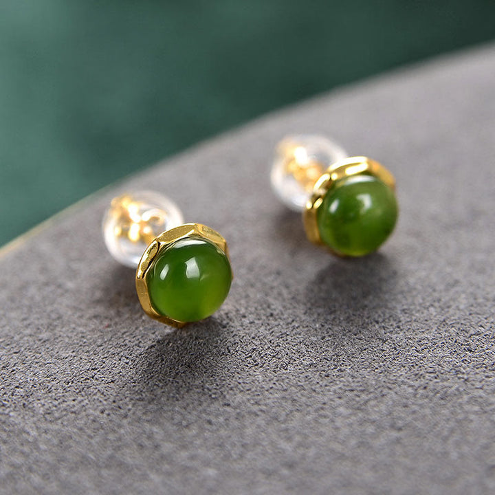 Buddha Stones 925 Sterling Silver Plated Gold Natural Hetian Cyan Jade Bead Luck Stud Earrings - image 1