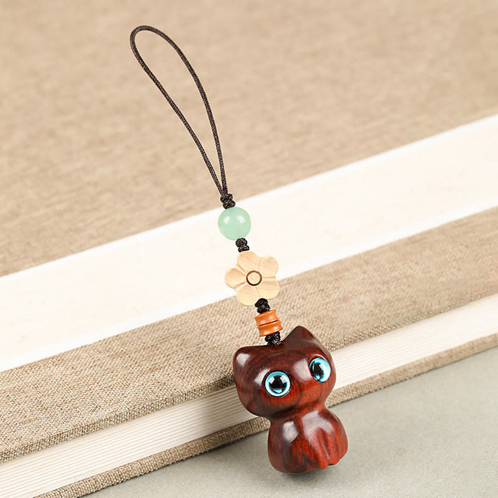 Buddha Stones Mini Small Leaf Red Sandalwood Ebony Wood Lucky Cat Lovely Kitty Peace Key Chain Phone Hanging Decoration - Phone Hanging Decoration - Small Leaf Red Sandalwood Cat - image 16