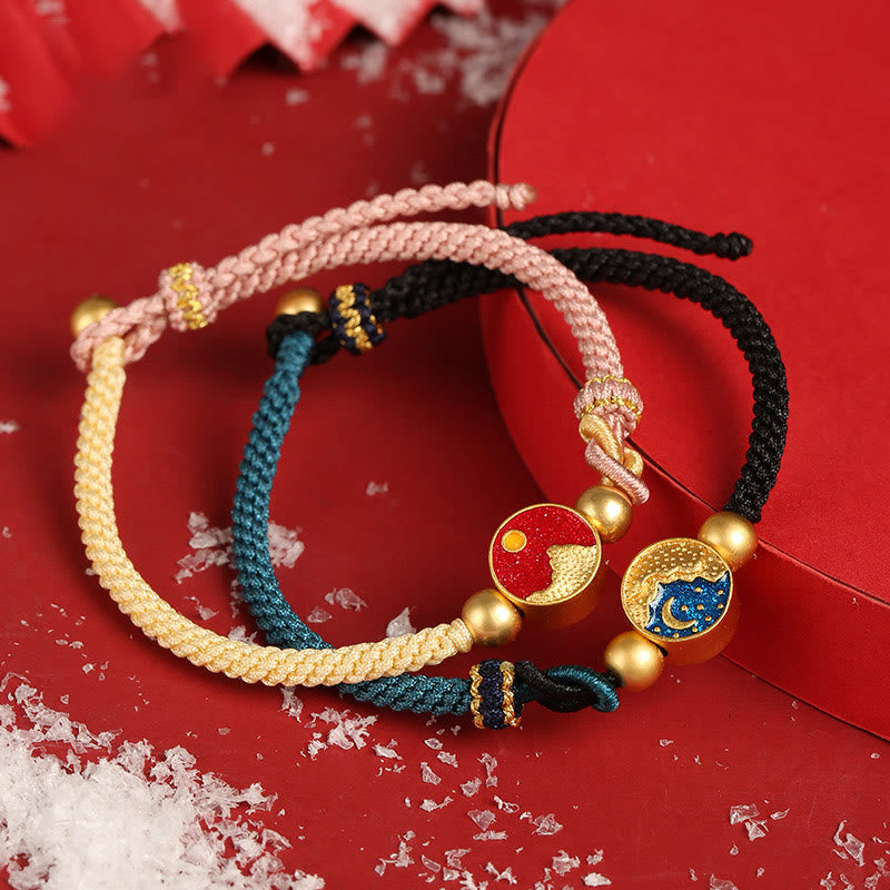 Buddha Stones Handmade Mountain and Sea Engraved Luck Two-Color String Couple Bracelet - image 0