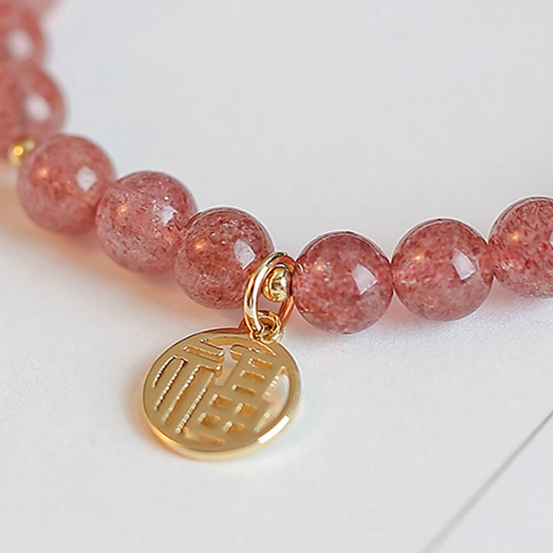 Buddha Stones 14K Gold Plated Strawberry Quartz Fu Character Healing Charm Bracelet - image 5