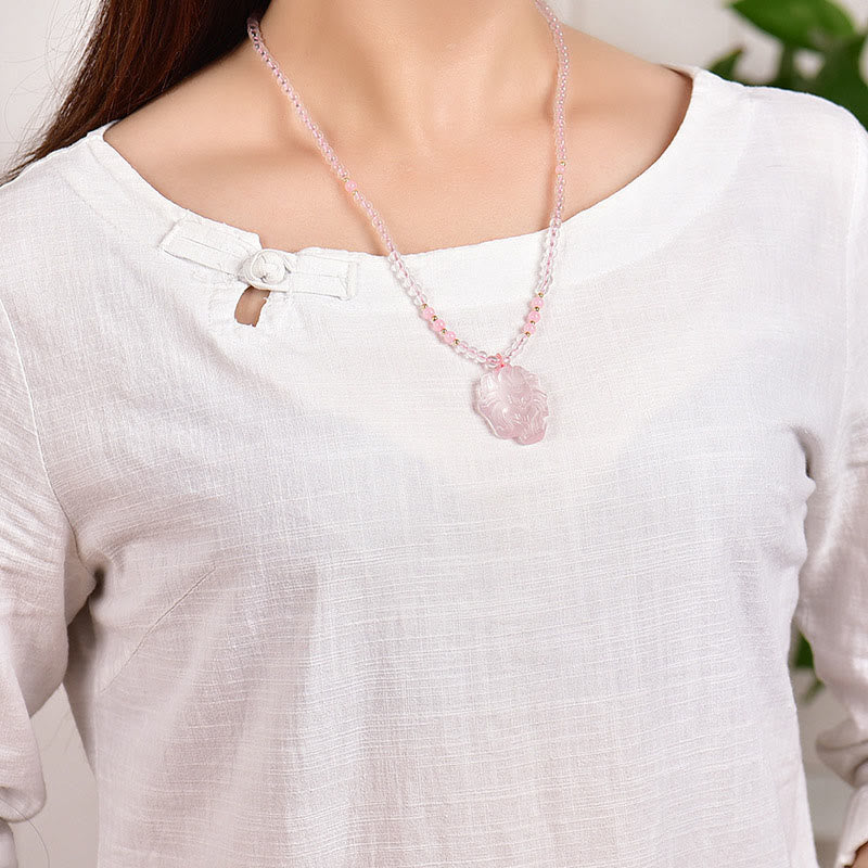 Buddha Stones Natural Pink Crystal Nine Tailed Fox Love Necklace Pendant - image 5