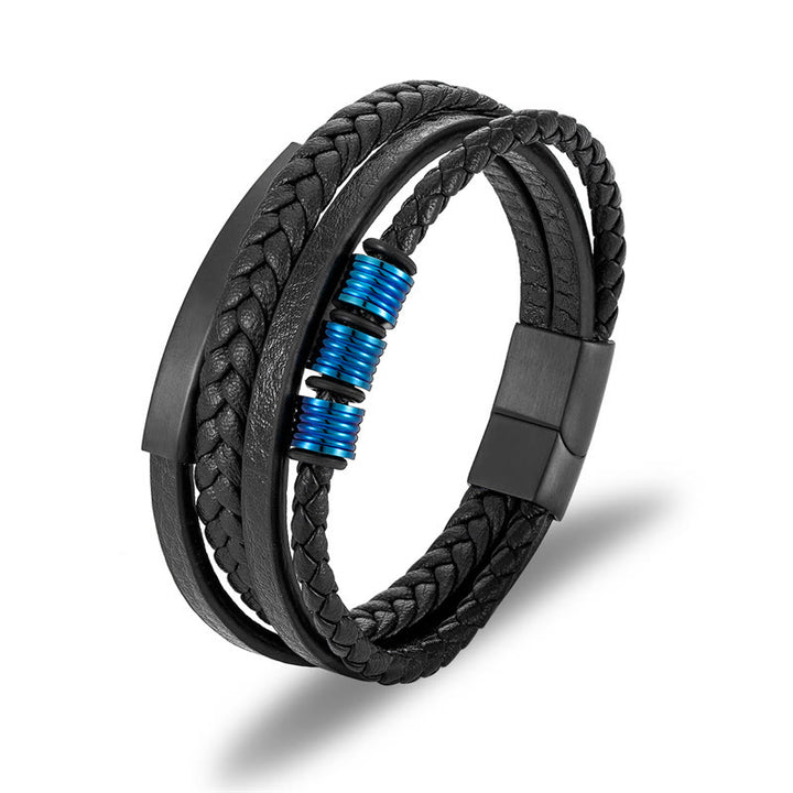 Buddha Stones Leather Multi-Layer Titanium Steel Balance Braided Magnetic Buckle Bracelet - Blue 21.5cm - image 18