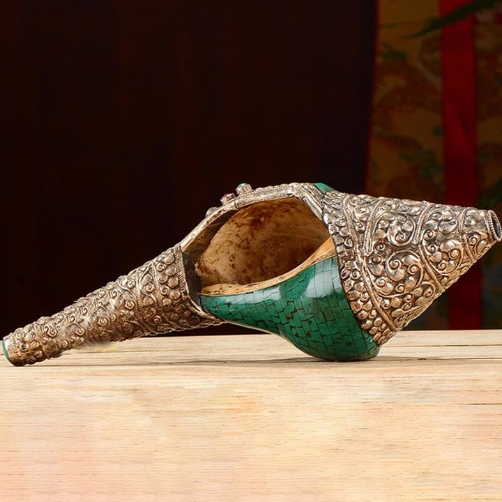Tibetan Handmade Engraved Shankha Double Dorje Buddha Conch Shell Wealth Positive Decoration - image 5