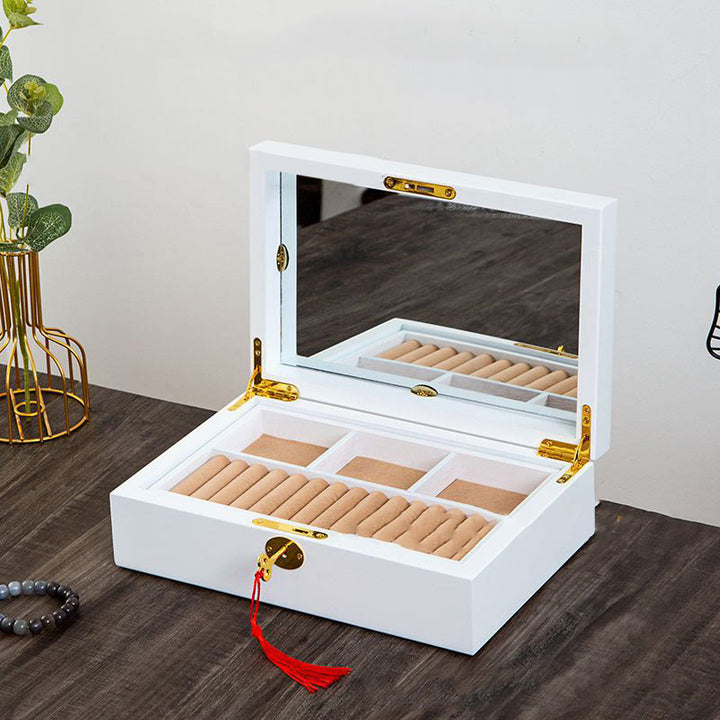Buddha Stones Vintage Wooden Jewelry Box Two-Layer Solid Wood Jewelry Storage Box - White-Mirror Style 29*19*9cm - image 29