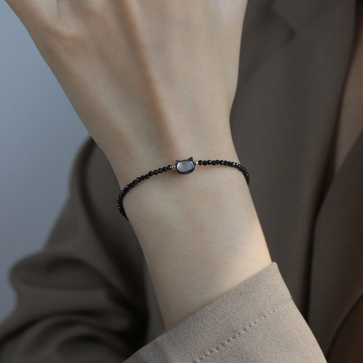 Buddha Stones 14K Gold Plated Black Spinel White Crystal Cute Cat Tridacna Stone Healing Bracelet - image 2