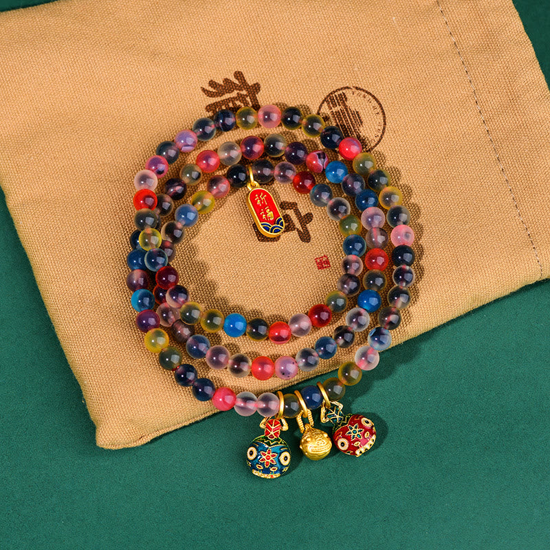 Buddha Stones Colorful Candy Agate Gold Swallowing Beast Family Strength Charm Triple Wrap Bracelet - image 2