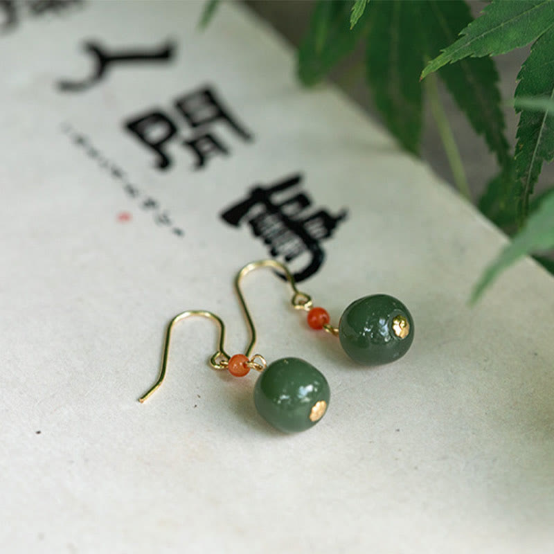 Buddha Stones 925 Sterling Silver 14K Gold Plated Hetian Jade Red Agate Luck Drop Dangle Earrings - 14K Plated Gold - Green Jade - image 14