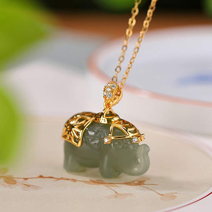 Buddha Stones 925 Sterling Silver Jade Elephant Blessing Fortune Necklace Chain Pendant - image 3