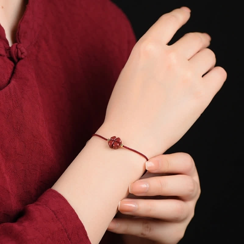 Buddha Stones Natural Cinnabar Four Leaf Clover Blessing Red String Bracelet Anklet - image 12