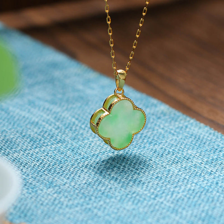Buddha Stones Four Leaf Clover Jade Pattern Luck Necklace Pendant - image 3