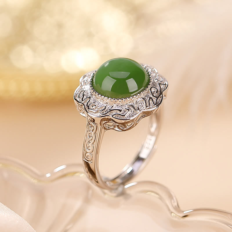 Buddha Stones 925 Sterling Silver Hetian Cyan Jade Flower Design Luck Adjustable Ring - Hetian Cyan Jade(Success♥Healing) - image 0