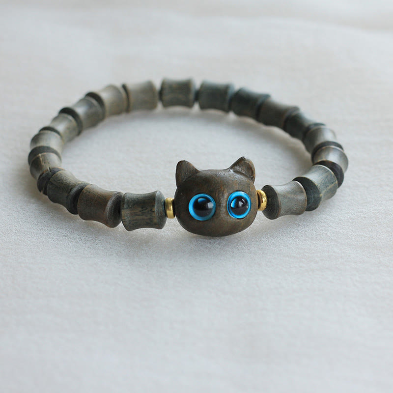 Buddha Stones Ebony Wood Green Sandalwood Cute Cat Peace Bracelet - Green Sandalwood(Cure♥Positive) - image 5
