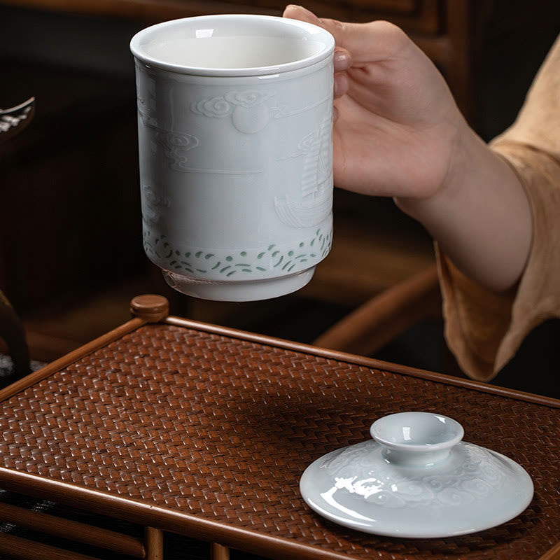 Buddha Stones Jingdezhen Linglong Porcelain Auspicious Dragon Phoenix Boat Smooth Sailing Ceramic Teacup Office Tea Cups 420ml - image 12