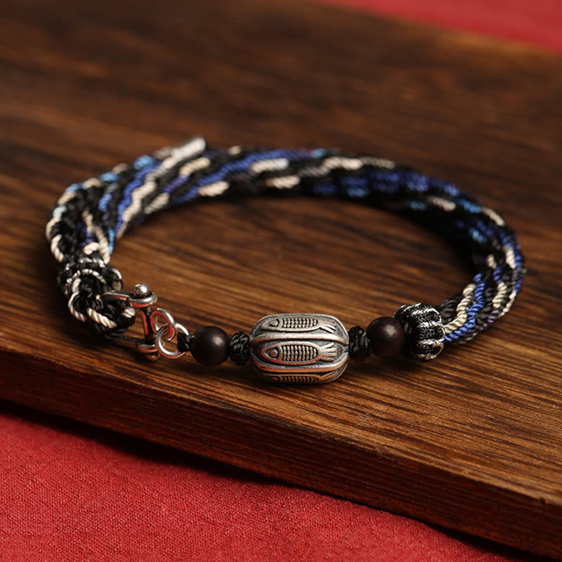 Buddha Stones 925 Sterling Silver Koi Fish Wealth Reincarnation Knot Braid String Bracelet - image 1
