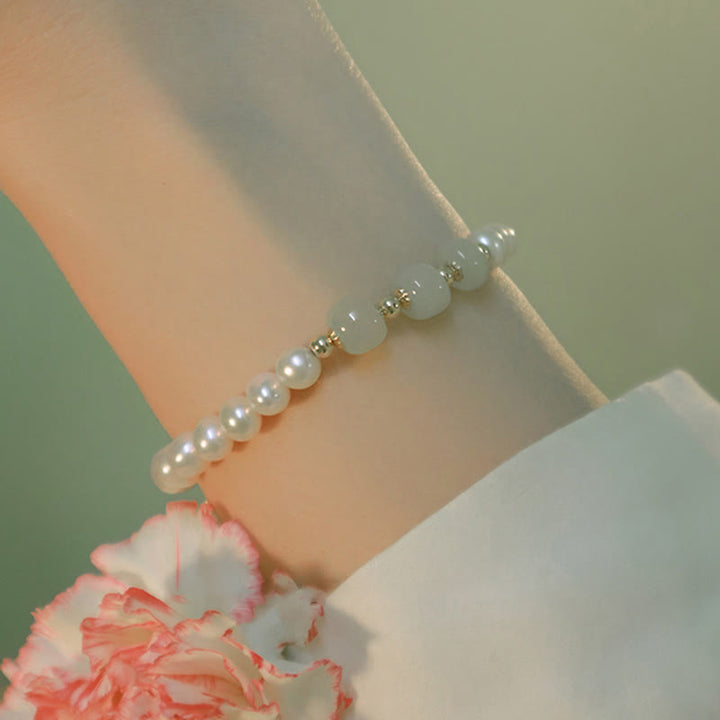 Buddha Stones 14K Gold Plated Natural Pearl Hetian Cyan Jade White Jade Sincerity Bead Chain Bracelet - image 17