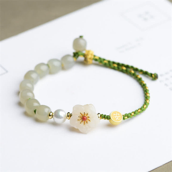 Buddha Stones 925 Sterling Silver Natural Hetian Jade Peach Blossom Luck Bracelet - image 6