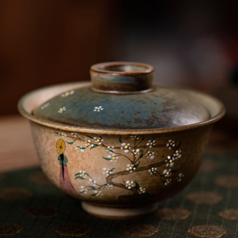 Buddha Stones Jingdezhen Hand Painted Ru Kiln Porcelain Hanfu Girl Flower Ceramic Gaiwan Sancai Teacup Kung Fu Tea Cup And Saucer With Lid - image 1