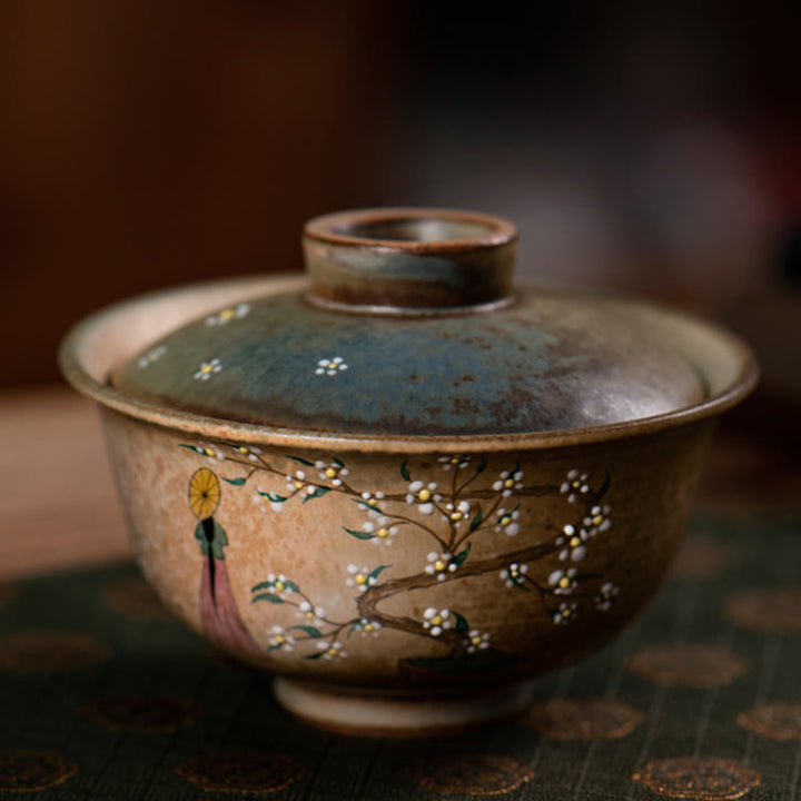 Buddha Stones Jingdezhen Hand Painted Ru Kiln Porcelain Hanfu Girl Flower Ceramic Gaiwan Sancai Teacup Kung Fu Tea Cup And Saucer With Lid - image 1