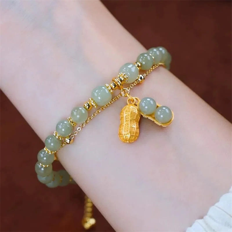 Buddha Stones Jade Leaf Ginkgo Tulip Peanut Fu Character Luck Beaded Bracelet - image 15