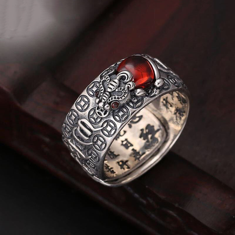 Buddha Stones Genstone PiXiu Feng Shui Frog Vajra Dorje Heart Sutra Wealth Adjustable Ring - image 2
