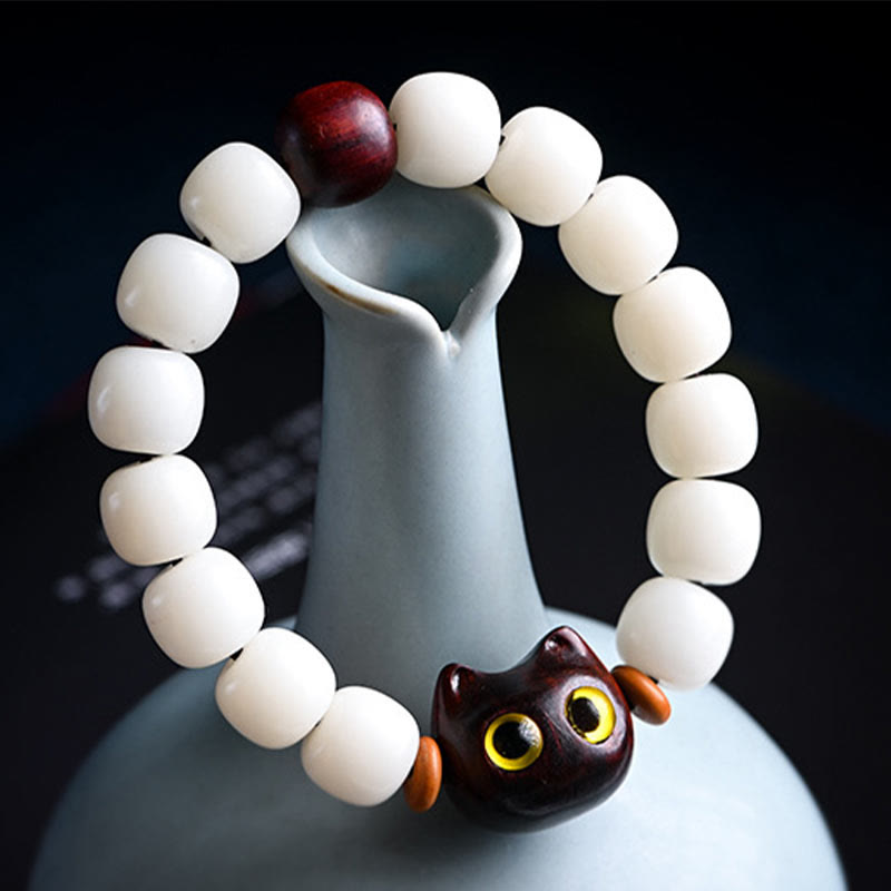 Buddha Stones Natural Bodhi Seed Small Leaf Red Sandalwood Ebony Wood Cute Lucky Cat Wisdom Bracelet - image 3