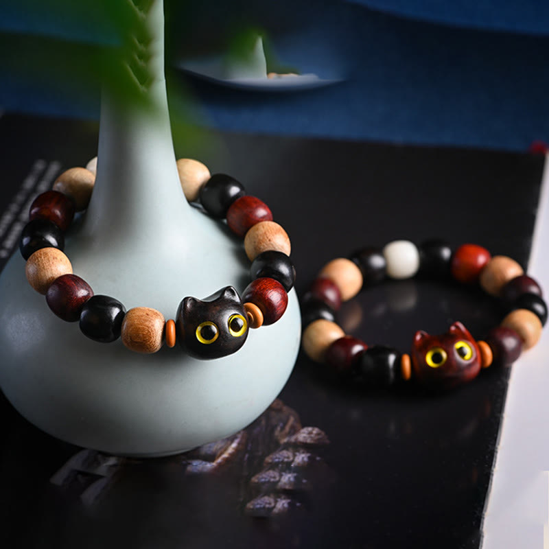Buddha Stones Small Leaf Red Sandalwood Ebony Wood Cute Cat Engraved Protection Bracelet - image 19
