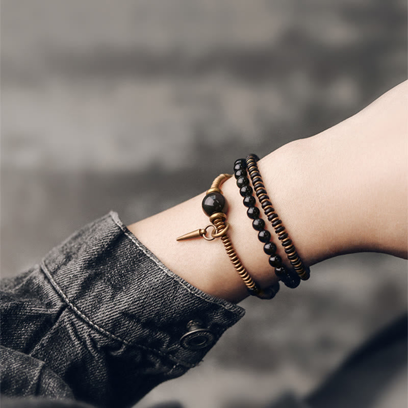 Buddha Stones Rainbow Obsidian Ebony Wood Copper Healing Triple Wrap Bracelet - image 6