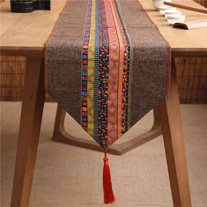 Buddha Stones Classic Chinese Style Lotus Koi Fish Flower Crane Calligraphy Enlightenment Cotton Linen Tassels Table Runner - Brown Red Colorful - 30*180cm - image 8