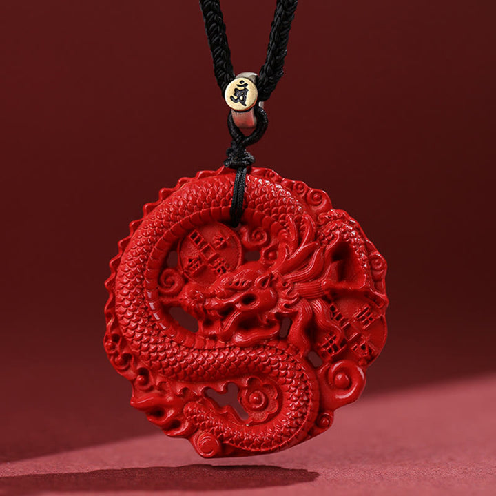 Buddha Stones Year of the Dragon 925 Sterling Silver Natural Cinnabar Copper Coin Luck Necklace Pendant - Black Rope - Large 49mm - image 10