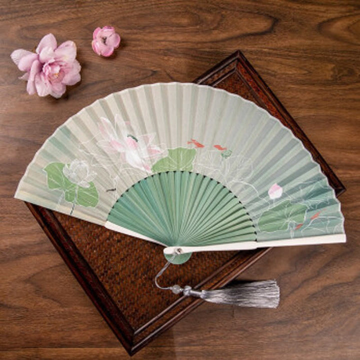 Buddha Stones Jasmine Lotus Begonia Flowers Handheld Bamboo Folding Fan - Green Lotus - image 4