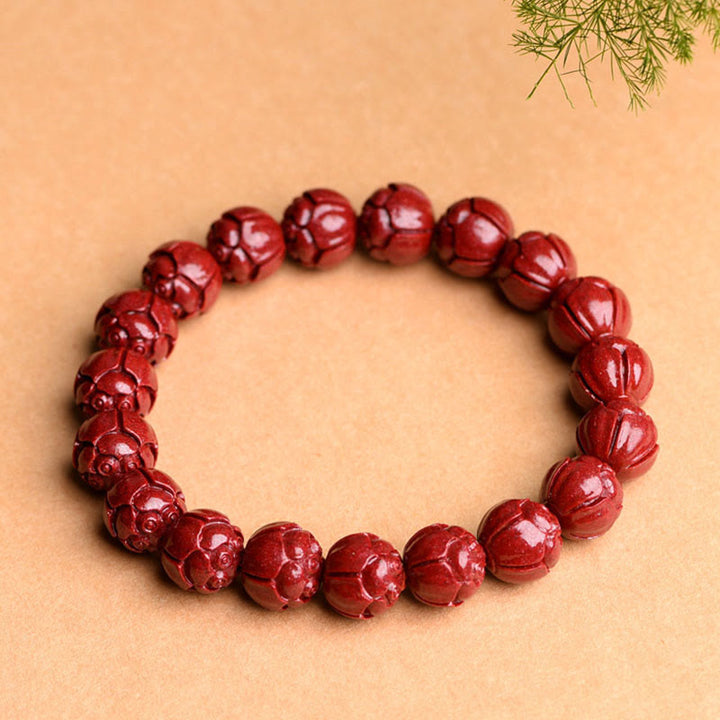 Buddha Stones Natural Cinnabar Om Mani Padme Hum Fret Pattern Lotus Blessing Bracelet - image 8