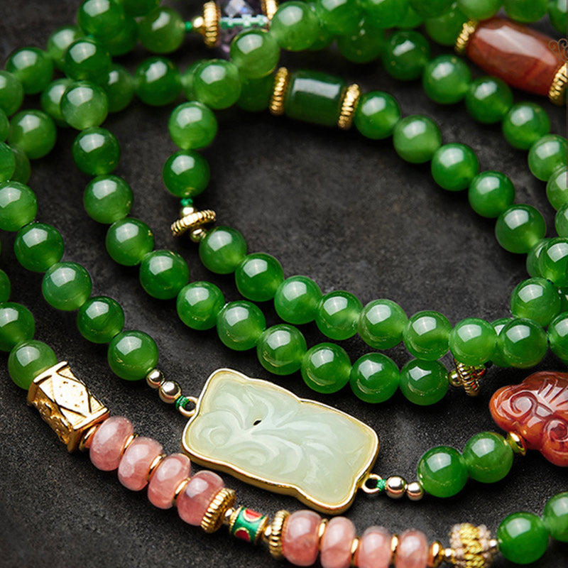 Buddha Stones 108 Mala Beads Cyan Jade Red Agate Laughing Buddha Luck Bracelet - image 12