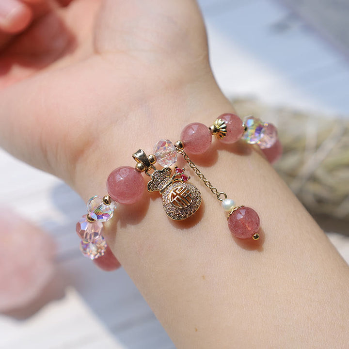 Buddha Stones Natural Strawberry Quartz Crystal Money Bag Charm Positive Bracelet - image 6