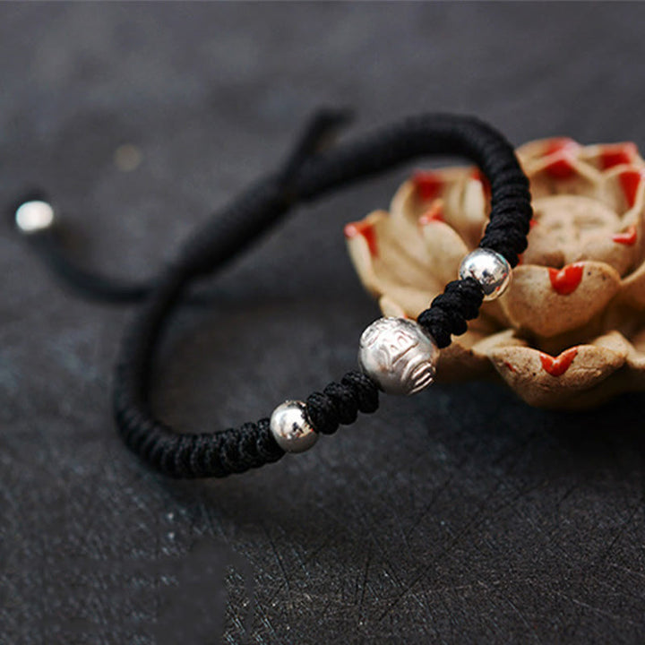 Buddha Stones 999 Sterling Silver Om Mani Padme Hum Copper Coin Luck Strength String Couple Bracelet - image 8