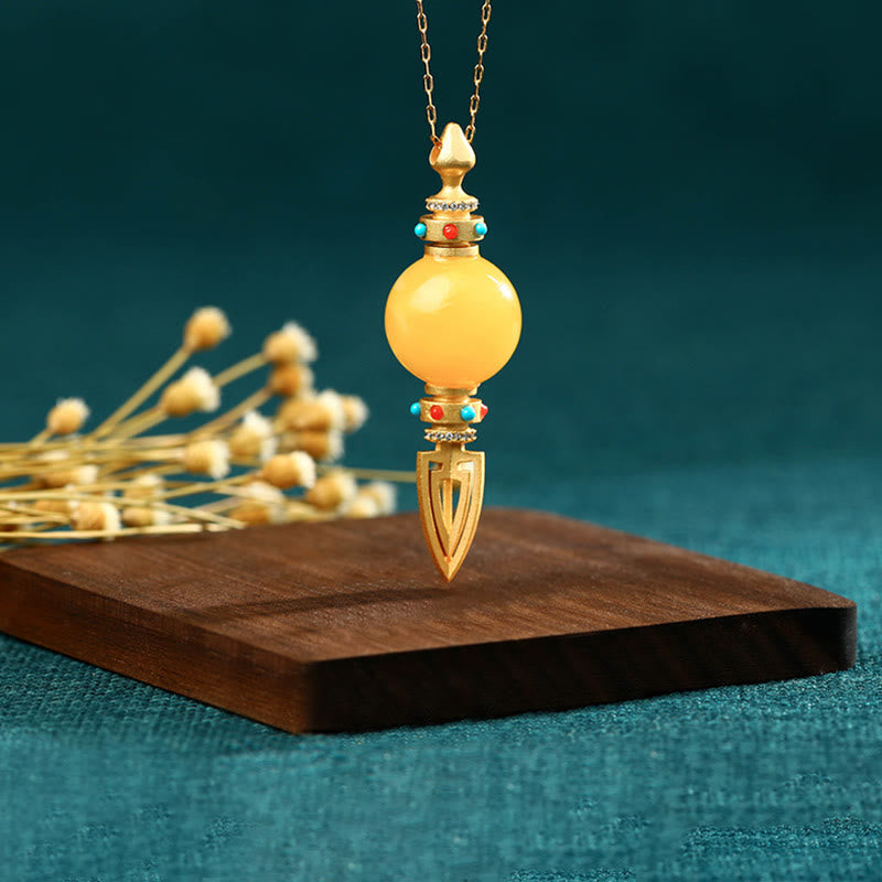 24K Gold Plated Amber Dorje Vajra Clear Anxiety Necklace Pendant - image 2
