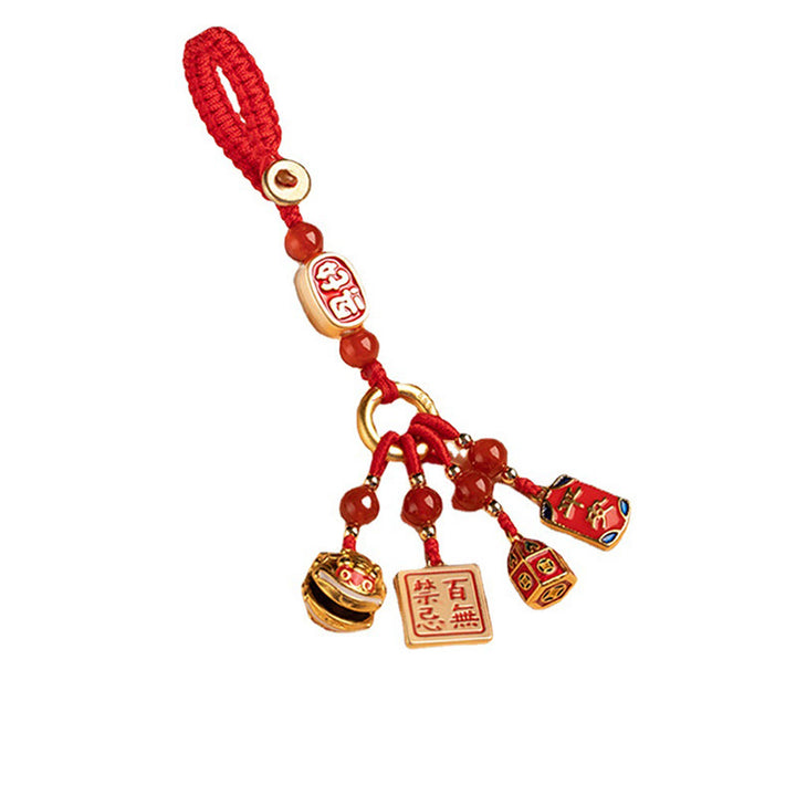 Buddha Stones Nothing to Be Superstitious Dancing Lion Copper Wealth Key Chain - Red(Nothing to Be Superstitious Charm) - image 10