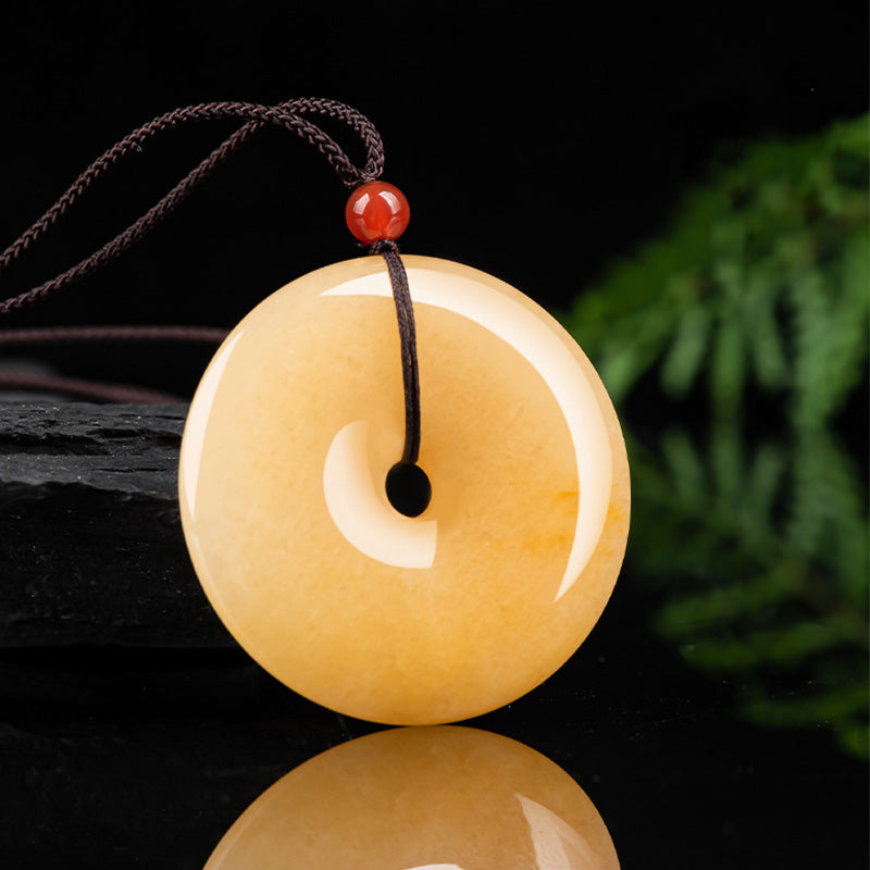 Buddha Stones Round Golden Silk Jade Peace Buckle Wealth Pendant Necklace - image 1