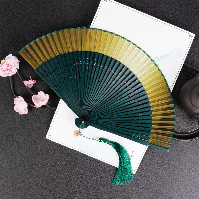 Buddha Stones Gradient Handheld Bamboo Folding Fan - Yellow Dark Green - image 1