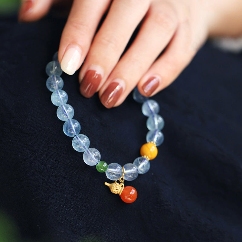 Buddha Stones Aquamarine Red Agate Peace Gourd Charm Bracelet - image 5