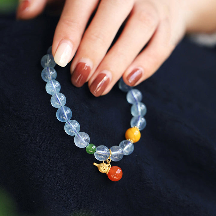 Buddha Stones Aquamarine Red Agate Peace Gourd Charm Bracelet - image 5