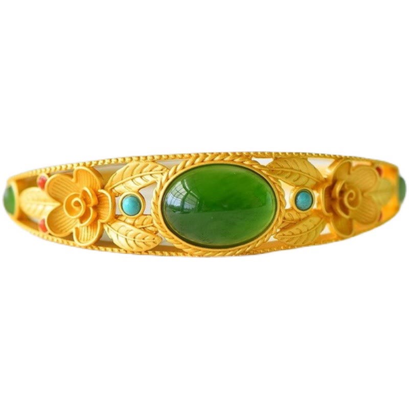 Buddha Stones Cyan Jade White Jade Flower Leaf Harmony Luck Bracelet Bangle - image 6