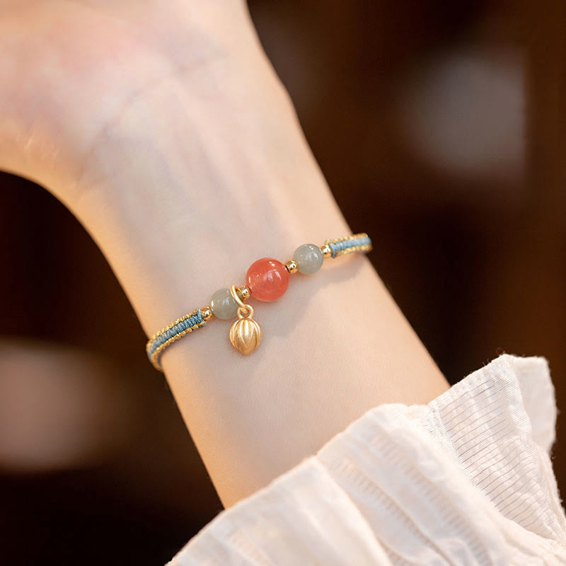 Buddha Stones Red Agate Jade Lotus Confidence Calm String Bracelet - Red Agate - image 0