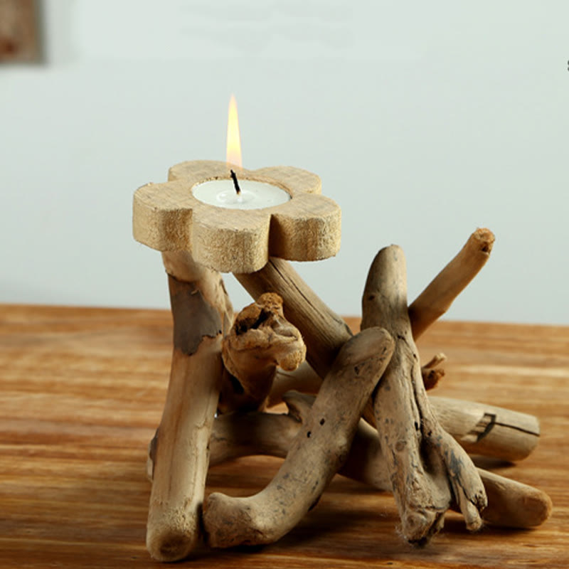Buddha Stones Flower Pattern Wood Candlestick Home Candle Holder Decoration - image 1