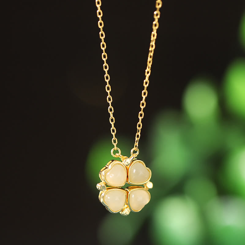Buddha Stones 925 Sterling Silver Four Leaf Clover White Jade Red Agate Abundance Necklace Pendant - White Jade(Protection♥Happiness) - image 2