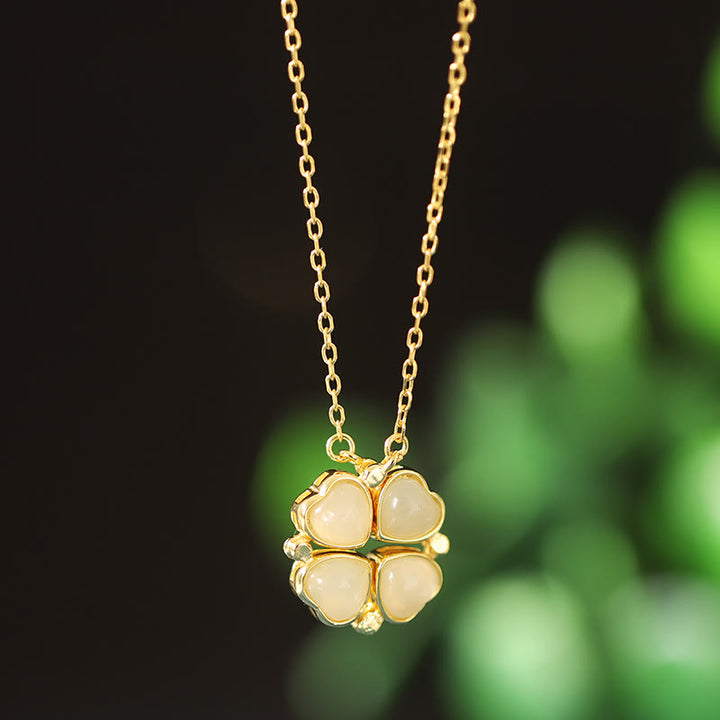 Buddha Stones 925 Sterling Silver Four Leaf Clover White Jade Red Agate Abundance Necklace Pendant - White Jade(Protection♥Happiness) - image 2