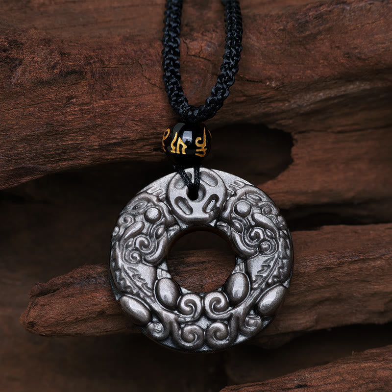 Buddha Stones Natural Silver Sheen Obsidian Double PiXiu Copper Coin Peace Buckle Protection Necklace Pendant - Silver Sheen Obsidian(Communication♥Soothing) - image 0
